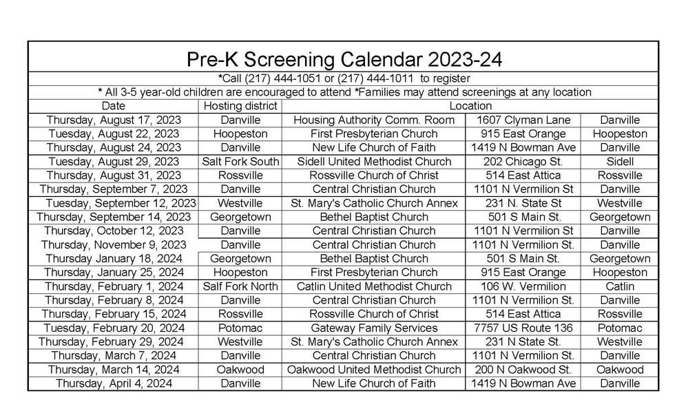  PreK Screening Calendar